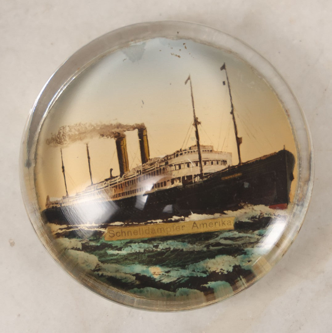 Lot 060 - Vintage German Glass Dome Paperweight Featuring The S.S. America Ocean Liner,  "Schnelldampfer Amerika" (German For "Fast Steamer America") 