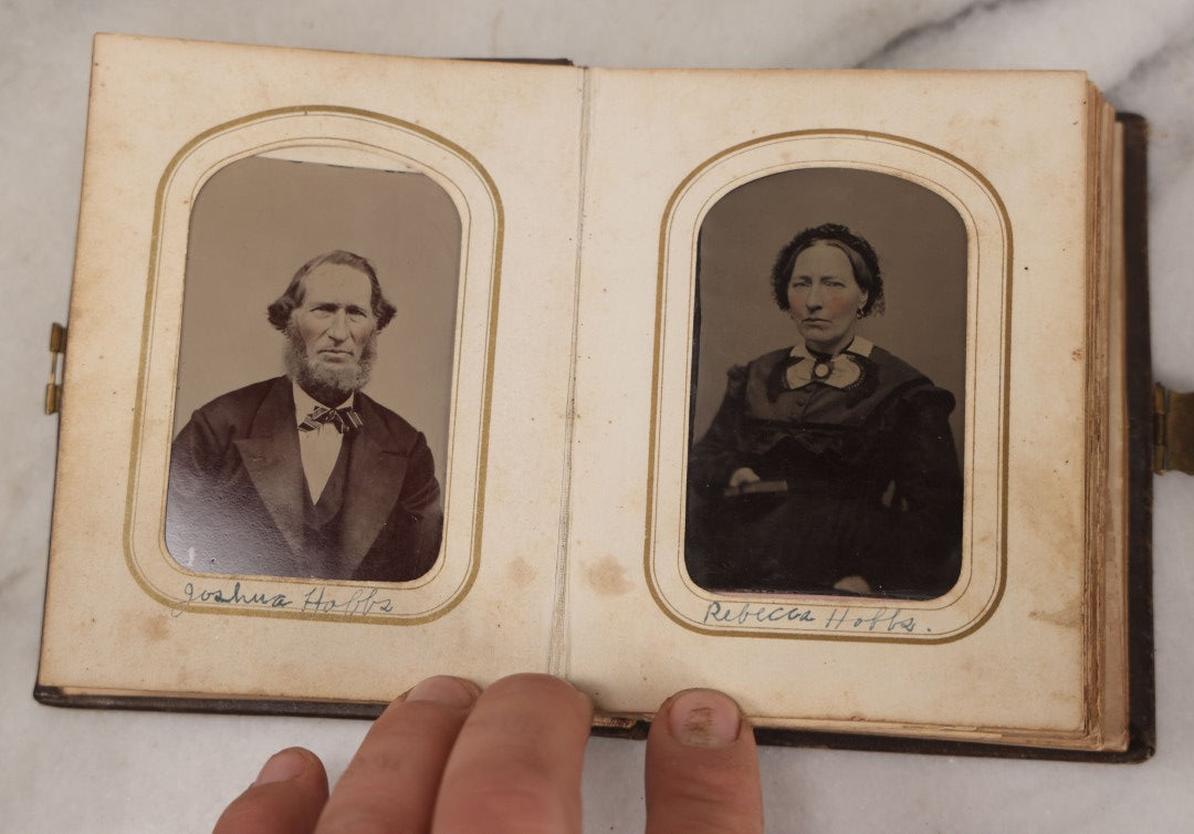 Lot 064 - Antique Family Photo Album Containing 16 Tintypes And 7 Carte De Visite C.D.V. Photographs, Mostly Portraits Of The Pratt And Hobbs Families, Many Identified, Mostly Full 