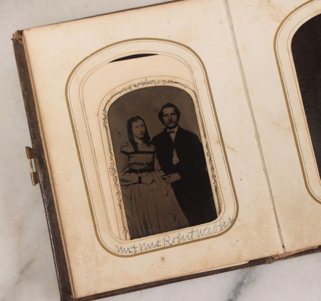 Lot 064 - Antique Family Photo Album Containing 16 Tintypes And 7 Carte De Visite C.D.V. Photographs, Mostly Portraits Of The Pratt And Hobbs Families, Many Identified, Mostly Full 