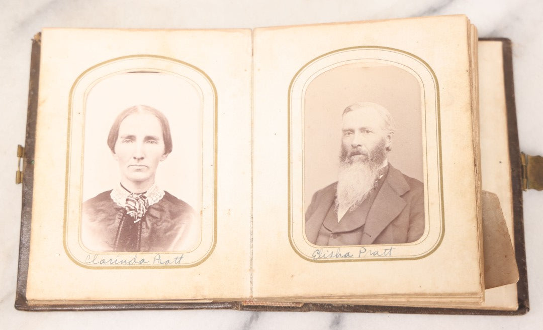 Lot 064 - Antique Family Photo Album Containing 16 Tintypes And 7 Carte De Visite C.D.V. Photographs, Mostly Portraits Of The Pratt And Hobbs Families, Many Identified, Mostly Full 