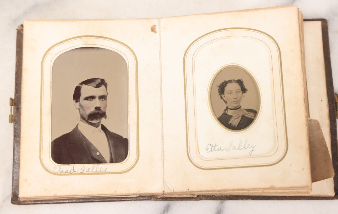 Lot 064 - Antique Family Photo Album Containing 16 Tintypes And 7 Carte De Visite C.D.V. Photographs, Mostly Portraits Of The Pratt And Hobbs Families, Many Identified, Mostly Full 