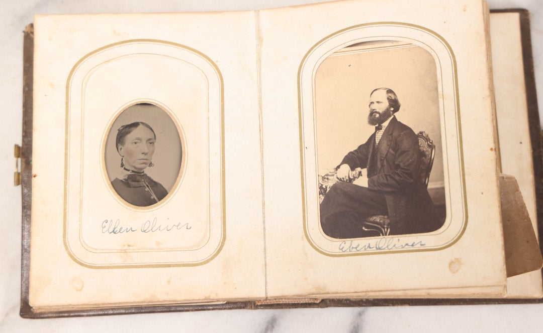 Lot 064 - Antique Family Photo Album Containing 16 Tintypes And 7 Carte De Visite C.D.V. Photographs, Mostly Portraits Of The Pratt And Hobbs Families, Many Identified, Mostly Full 