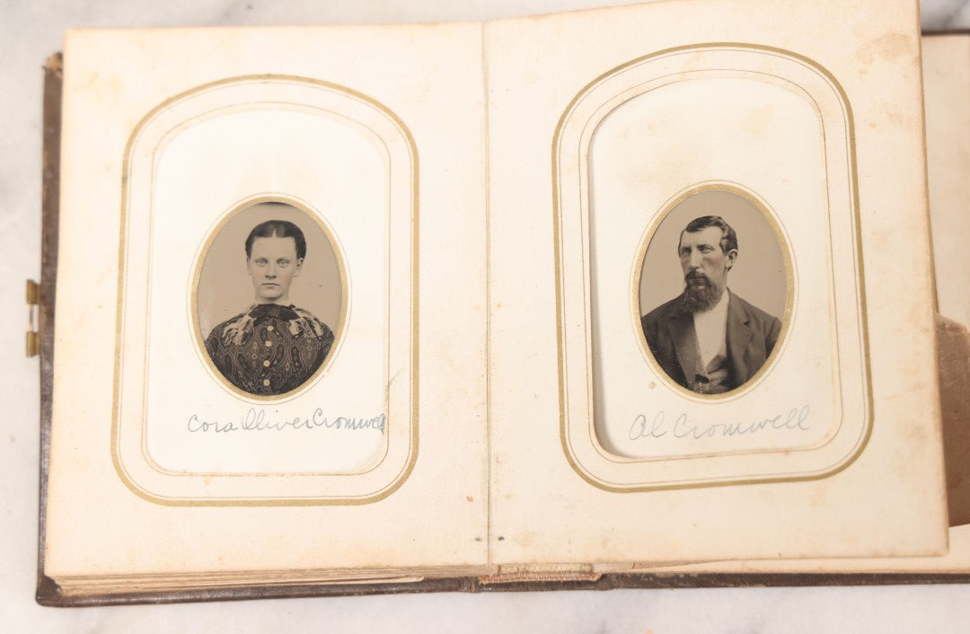 Lot 064 - Antique Family Photo Album Containing 16 Tintypes And 7 Carte De Visite C.D.V. Photographs, Mostly Portraits Of The Pratt And Hobbs Families, Many Identified, Mostly Full 