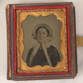 Lot 065 - Antique 1/6Th Plate Ambrotype Photograph Of A Pretty Young Woman In A Bonnet With Floral Adornments, In Split Clasp-Close Leatherette Case