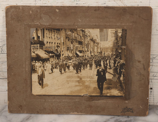 Lot 074 - Antique Boarded Parade Photo On Urban Street With Many 48-Star American Flags, Possible Celebration Of The End Of World War One, Or Other Patriotic Event, Note Loss To Corner, Wear, Harpel Photographer, Lebanon, Pennsylvania