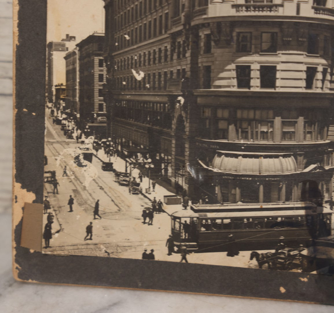 Lot 075 - Antique Boarded Photograph Of The Flood Building, San Francisco, California, Circa 1900, With Trolley Car In Photo, United States Depository, Note Wear, Handwriting On Verso