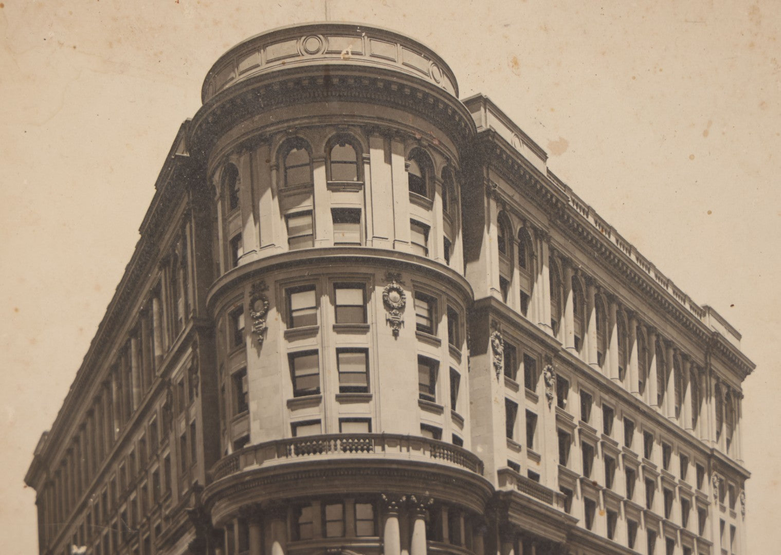 Lot 075 - Antique Boarded Photograph Of The Flood Building, San Francisco, California, Circa 1900, With Trolley Car In Photo, United States Depository, Note Wear, Handwriting On Verso