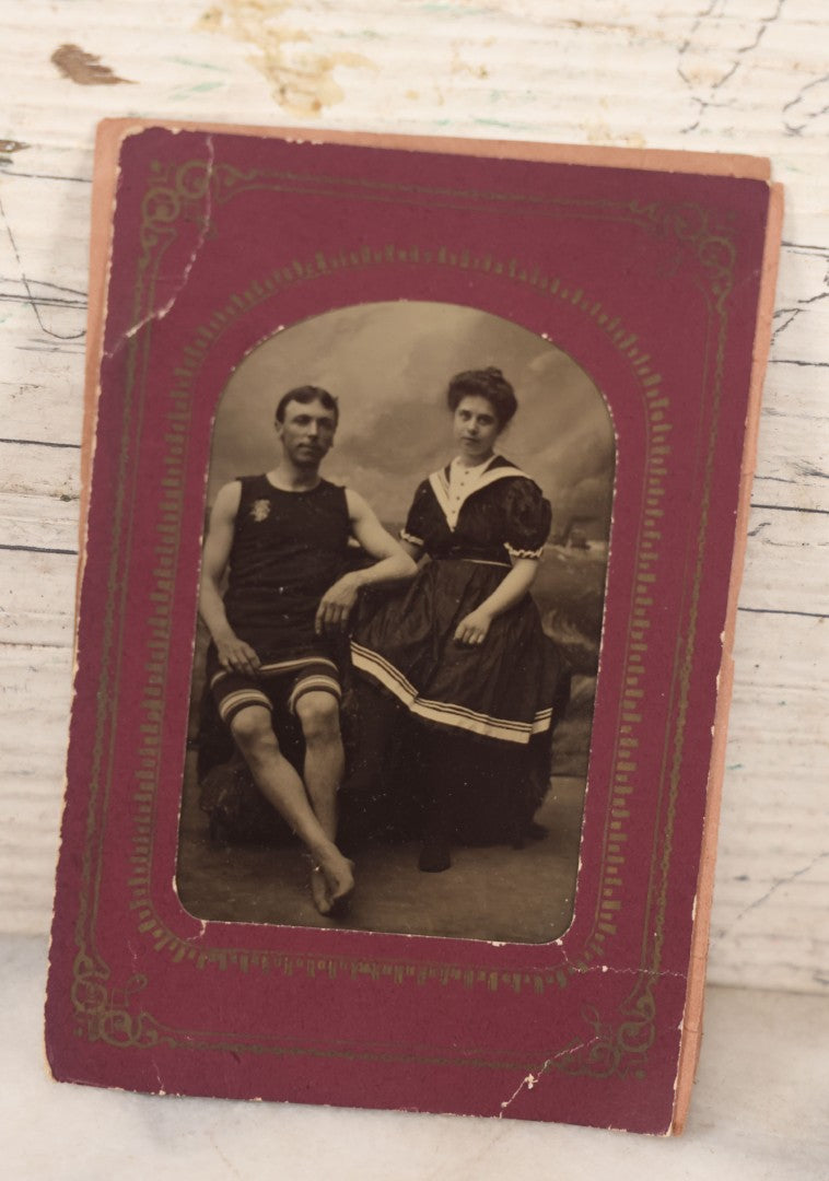 Lot 079 - Antique Tintype Photograph Of A Couple, Man And Woman, In Beachwear Swimsuits, Geissinger Studios, Atlantic City, New Jersey