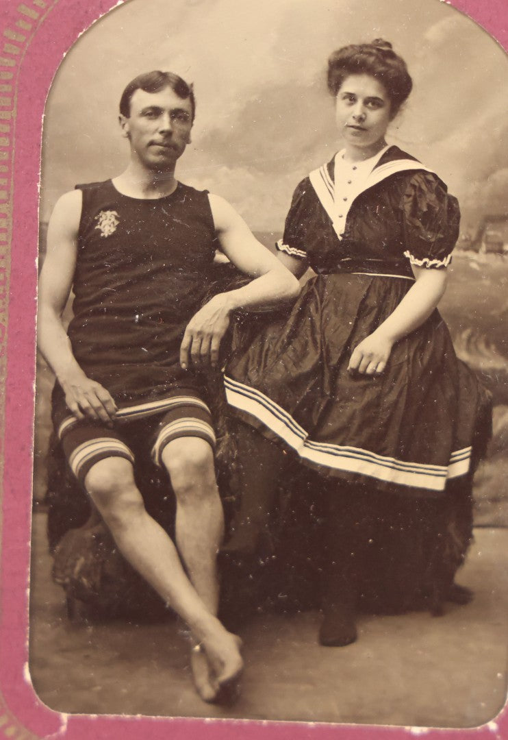 Lot 079 - Antique Tintype Photograph Of A Couple, Man And Woman, In Beachwear Swimsuits, Geissinger Studios, Atlantic City, New Jersey