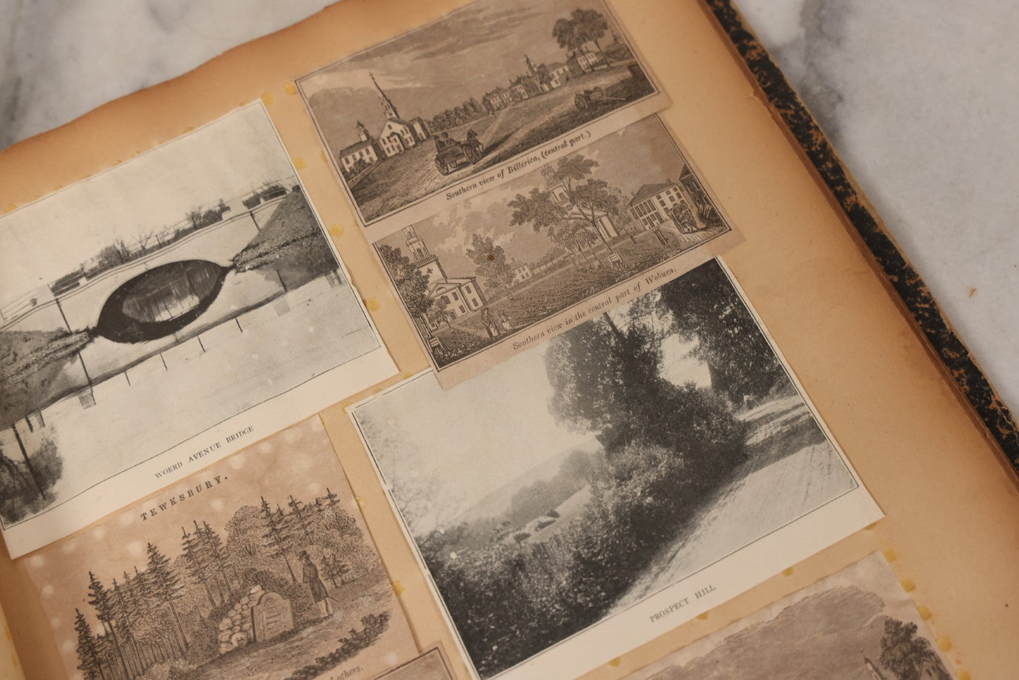 Lot 087 - Antique Scrapbook With Many Clippings Of Illustrations Of Towns And Cities In Massachusetts And New England, Including Graves, Cemeteries, Book By Worlds Fair Scrapbook Co., St. Louis, Missouri