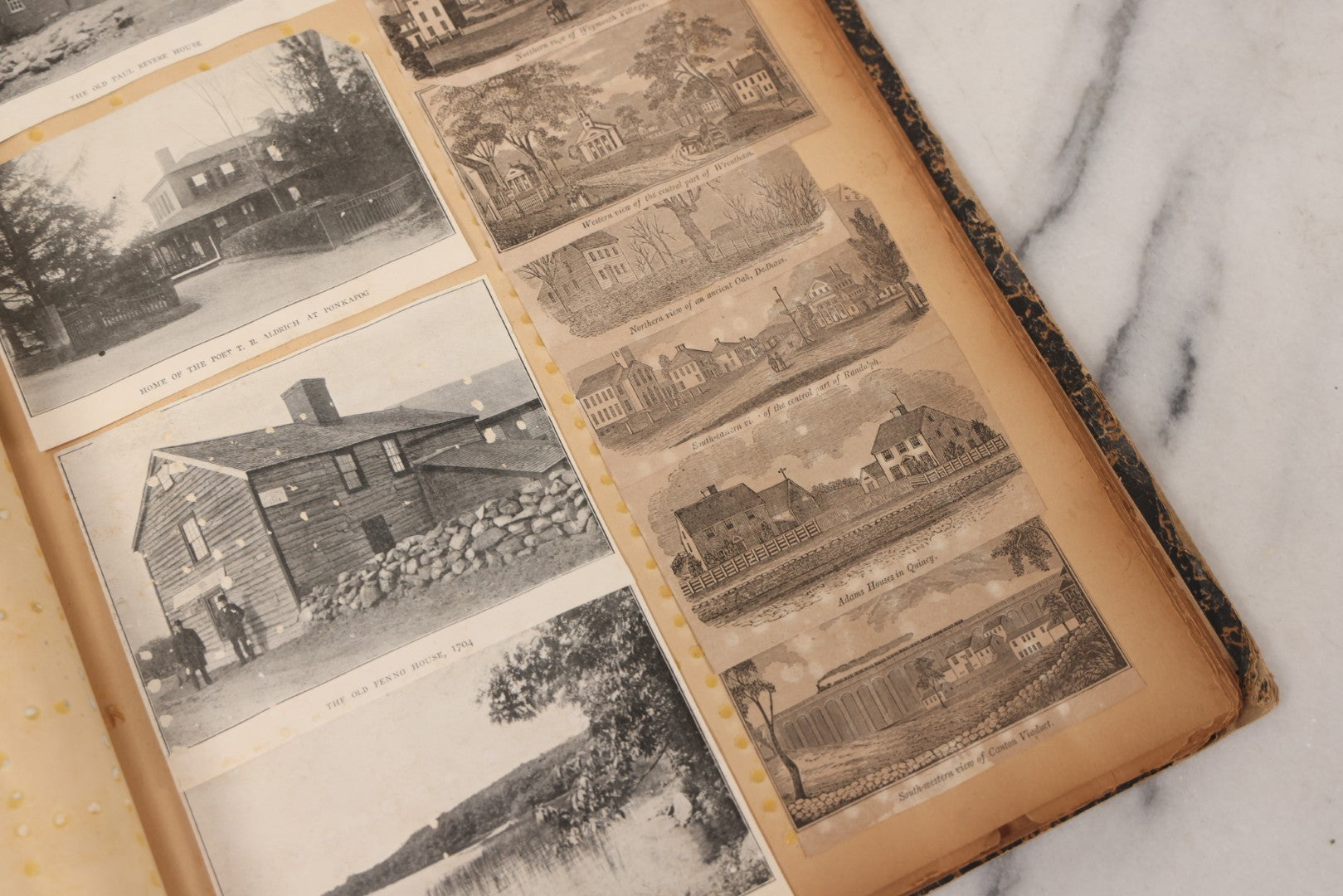 Lot 087 - Antique Scrapbook With Many Clippings Of Illustrations Of Towns And Cities In Massachusetts And New England, Including Graves, Cemeteries, Book By Worlds Fair Scrapbook Co., St. Louis, Missouri