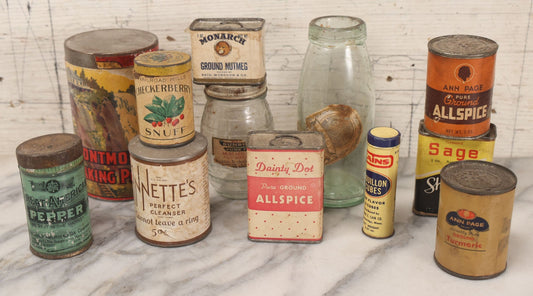 Lot 093 - Twelve Piece Antique And Vintage Kitchen Findings Grouping Including Tins And Bottle, Such As Sterling Brand Fancy Pickles, Dainty Dot Allspice, Great American Pepper, And More, As Found