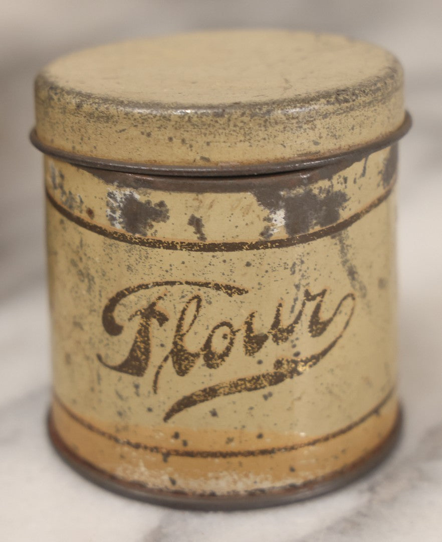 Lot 094 - Three Piece Vintage And Antique Tin Lot Including J.S. Fry And Co. Coca Tin-Turned-Pepper-Tin, Cake Tin, And Flour Tin