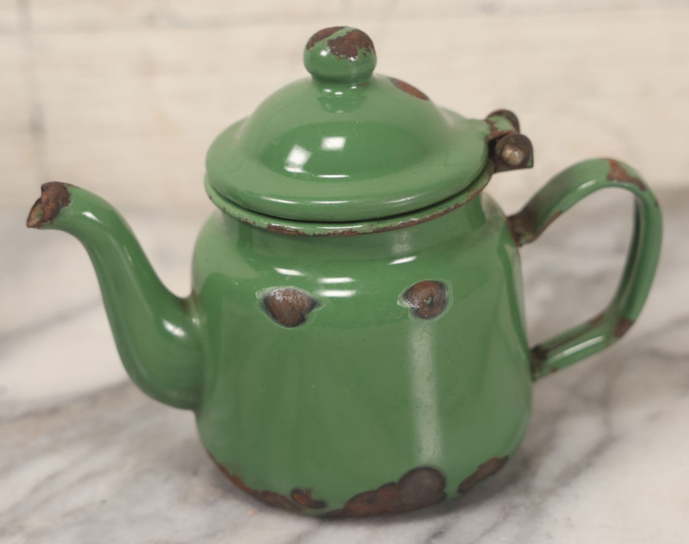 Lot 095 - Vintage Miniature Green Enamel Teapot, Note Wear, Rust