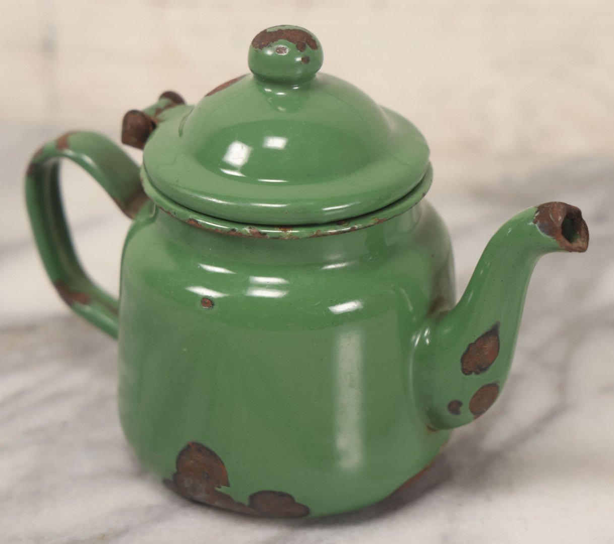 Lot 095 - Vintage Miniature Green Enamel Teapot, Note Wear, Rust