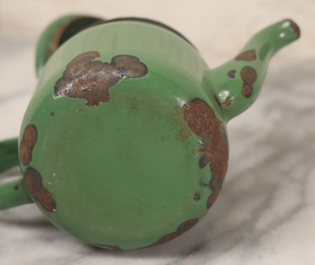 Lot 095 - Vintage Miniature Green Enamel Teapot, Note Wear, Rust