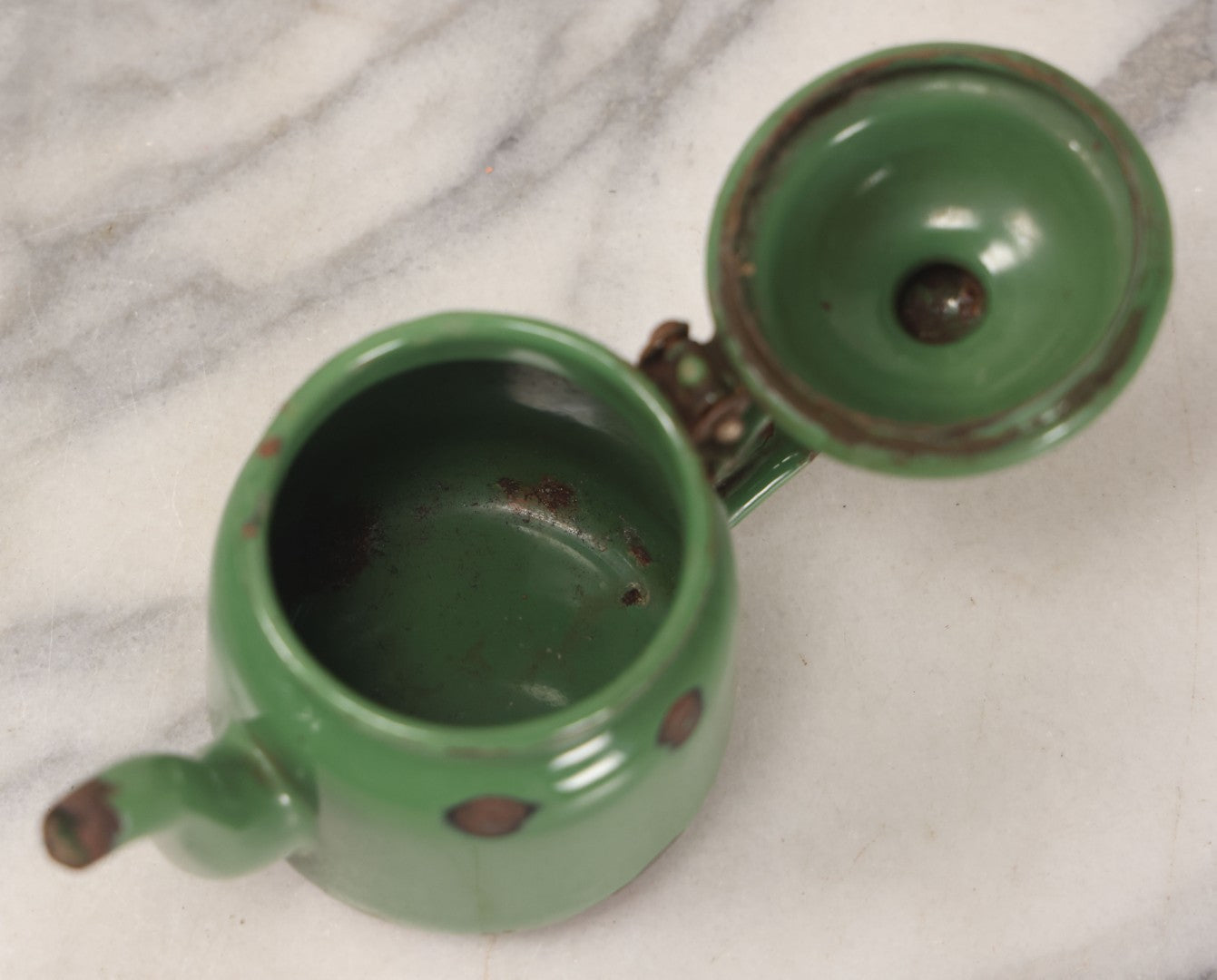 Lot 095 - Vintage Miniature Green Enamel Teapot, Note Wear, Rust