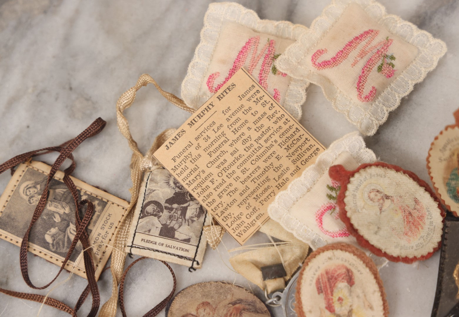 Lot 098 - Mixed Grouping Of Small Religious Items Including Jesus, Mary, And Joseph Miniature Metal Statues, Coins, Etc.