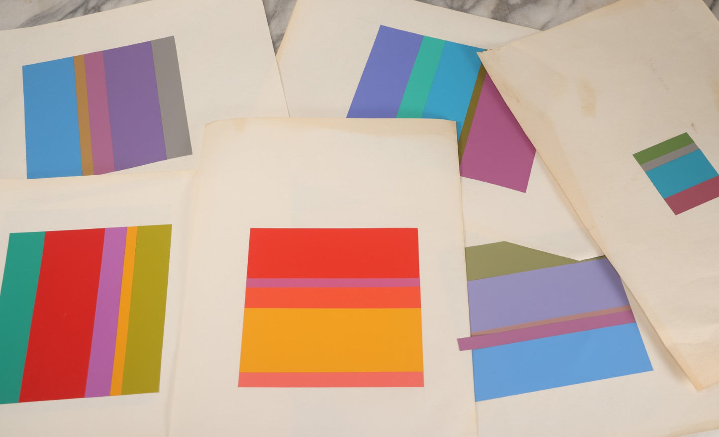 Lot 099 - Grouping Of Seven Paper Cut Artist Color Studies, Cut Paper Glued To White Backing Paper, With Titles Such As "Dream," "Dawn," "Lakeside," And "Heat," As Found, Artist Unknown, Various Wear