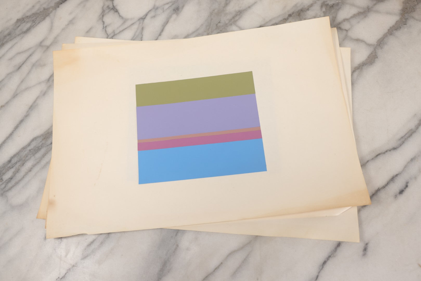 Lot 099 - Grouping Of Seven Paper Cut Artist Color Studies, Cut Paper Glued To White Backing Paper, With Titles Such As "Dream," "Dawn," "Lakeside," And "Heat," As Found, Artist Unknown, Various Wear