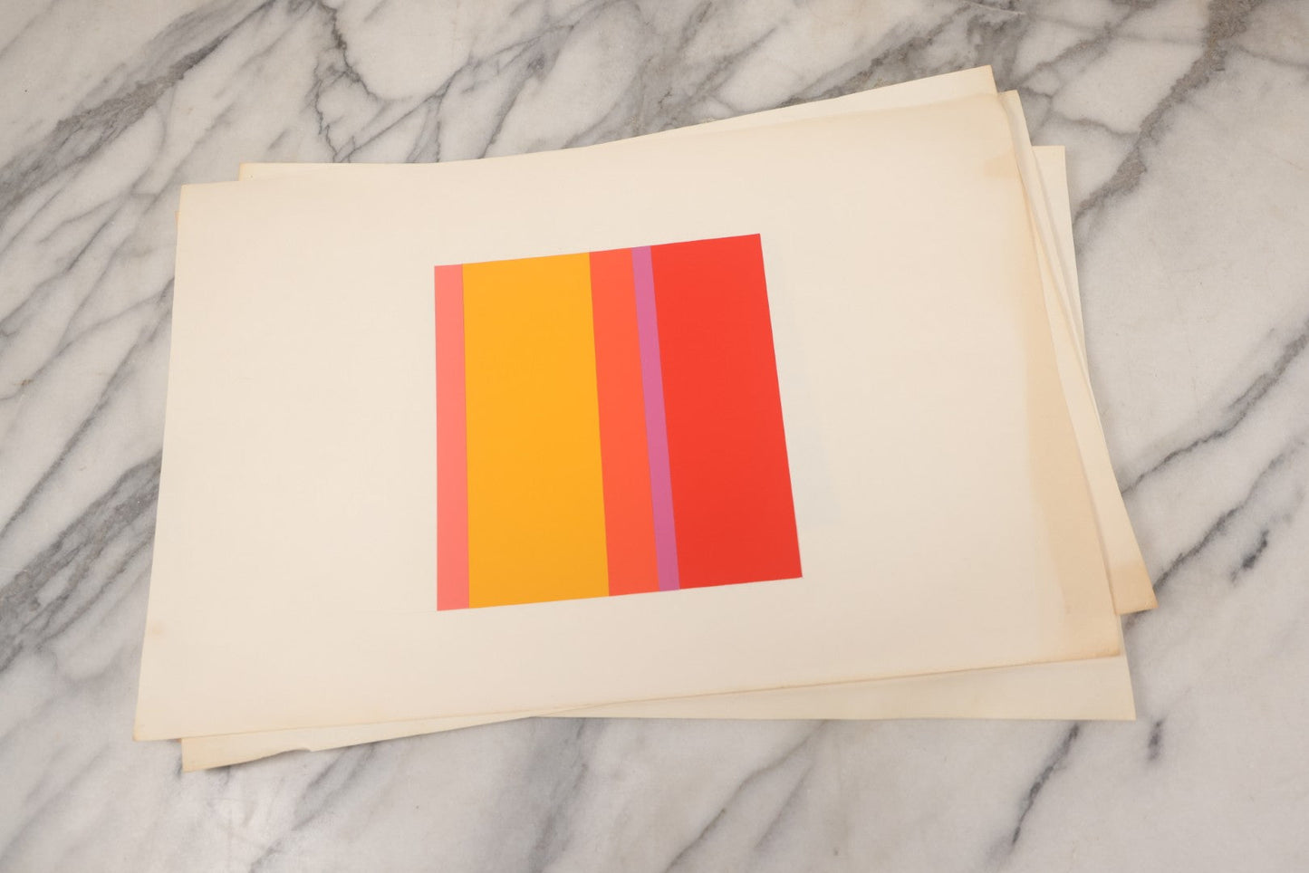 Lot 099 - Grouping Of Seven Paper Cut Artist Color Studies, Cut Paper Glued To White Backing Paper, With Titles Such As "Dream," "Dawn," "Lakeside," And "Heat," As Found, Artist Unknown, Various Wear