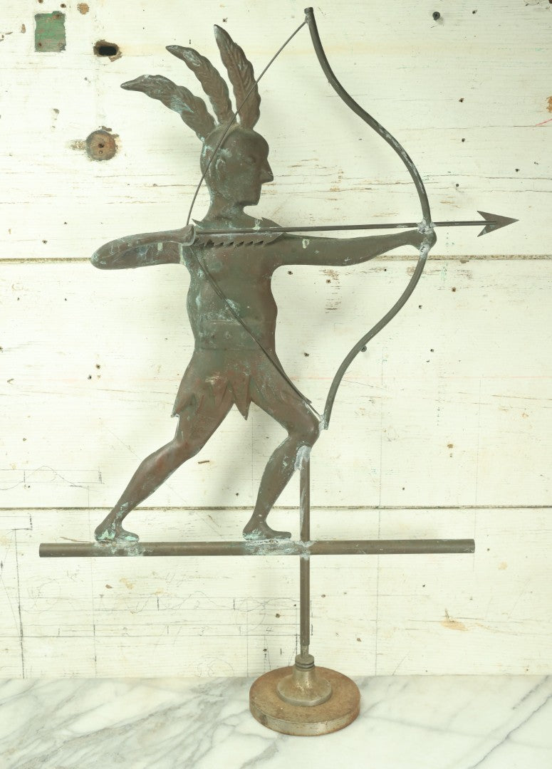 Lot 001 - Vintage 20th Century Copper Native American Indian Shooting Arrow Weathervane With Stand, 20" x 26-7/8"