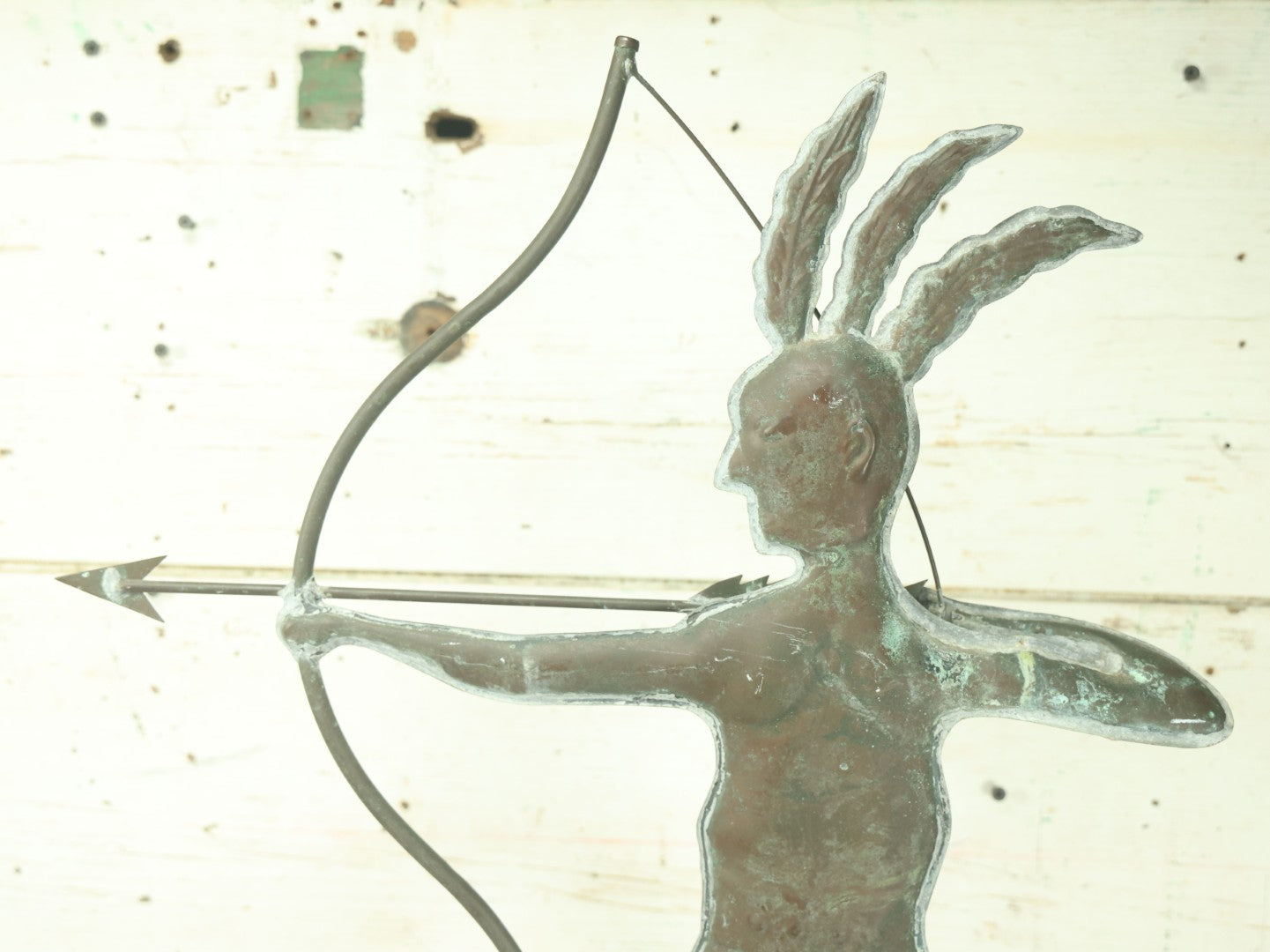 Lot 001 - Vintage 20th Century Copper Native American Indian Shooting Arrow Weathervane With Stand, 20" x 26-7/8"