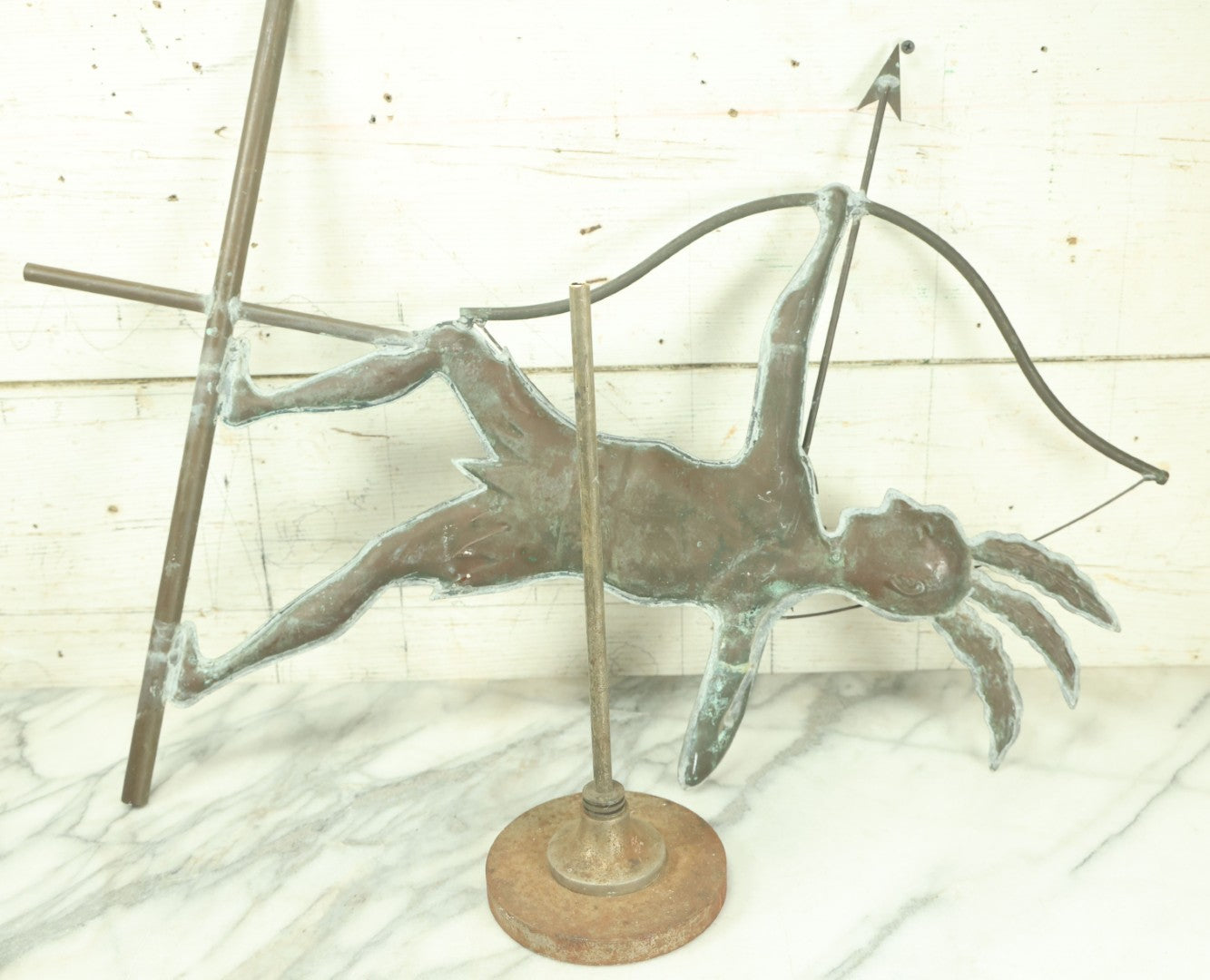 Lot 001 - Vintage 20th Century Copper Native American Indian Shooting Arrow Weathervane With Stand, 20" x 26-7/8"