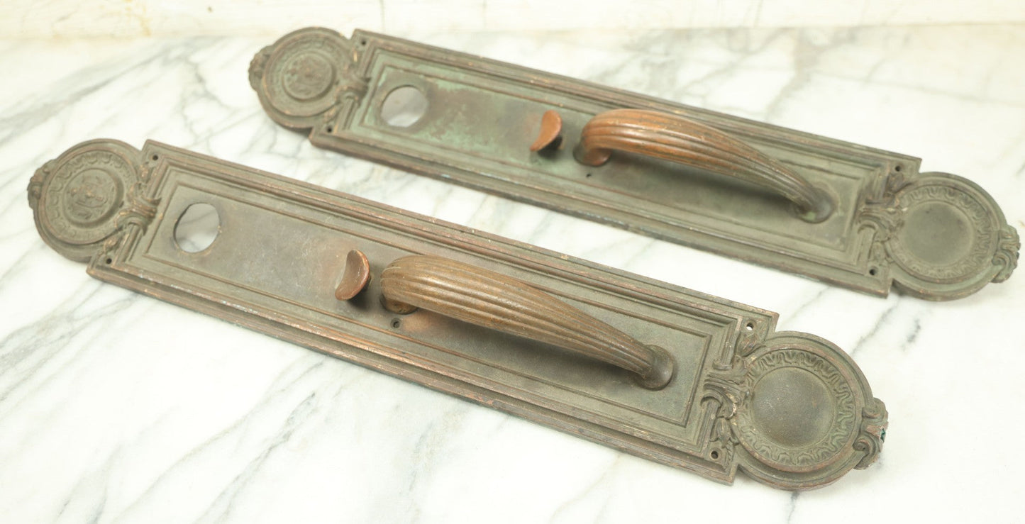 Lot 002 - Pair Of Antique Cast Metal Knights Of Pythias Door Pull Escutcheons, With Skull And Crossbones, F.C.B, Friendship, Charity, And Benevolence, By Russwin, Marked Darcy P410