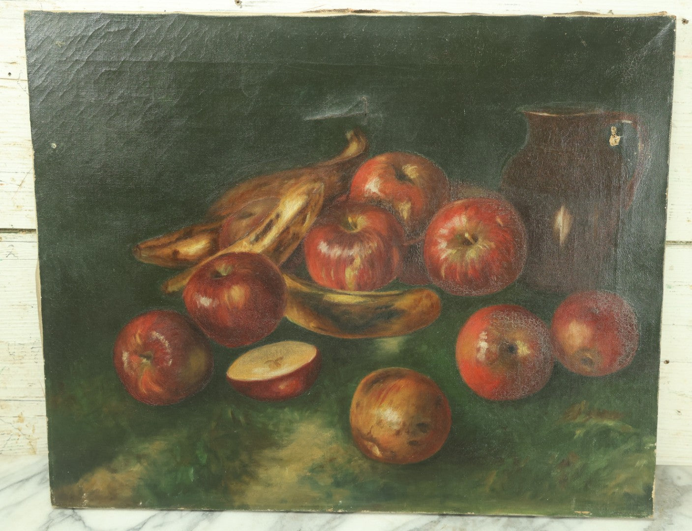 Lot 003 - Antique 19th Century Still Life Oil On Canvas Painting Of Fruit, Apples And Bananas, And Brown Pitcher, With Green Background, Note Tears, Losses, No Frame, 20" x 16"