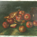 Lot 003 - Antique 19th Century Still Life Oil On Canvas Painting Of Fruit, Apples And Bananas, And Brown Pitcher, With Green Background, Note Tears, Losses, No Frame, 20" x 16"
