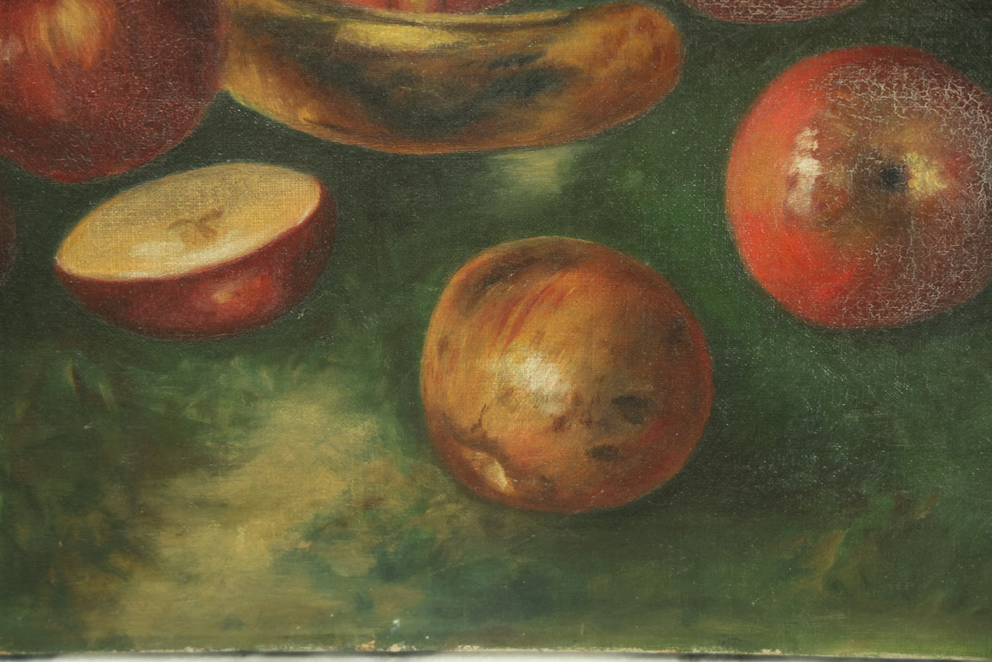 Lot 003 - Antique 19th Century Still Life Oil On Canvas Painting Of Fruit, Apples And Bananas, And Brown Pitcher, With Green Background, Note Tears, Losses, No Frame, 20" x 16"