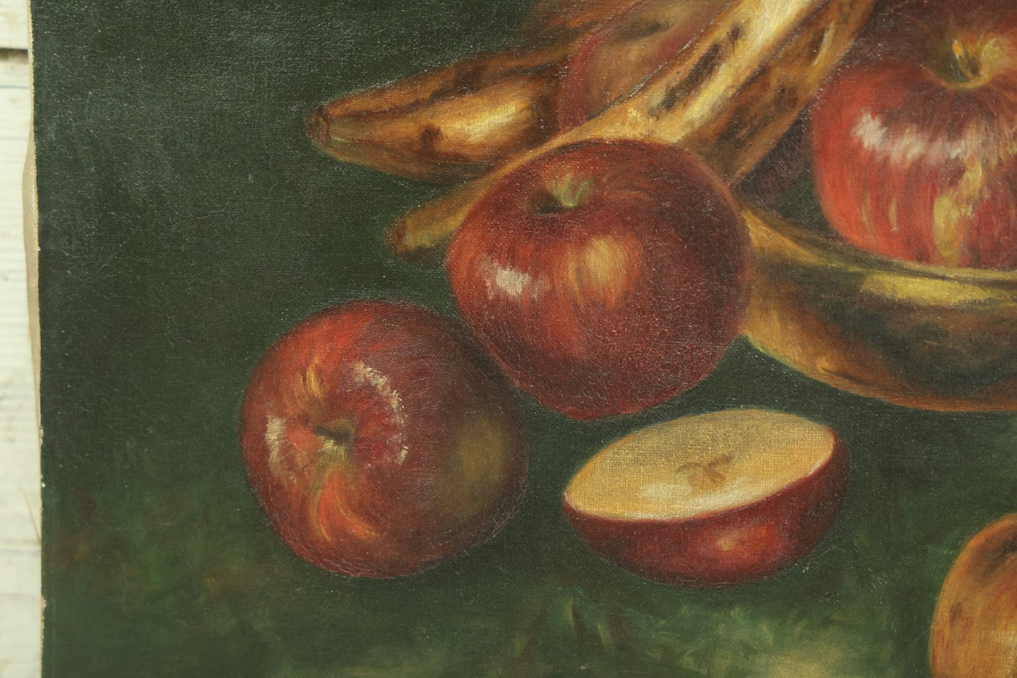 Lot 003 - Antique 19th Century Still Life Oil On Canvas Painting Of Fruit, Apples And Bananas, And Brown Pitcher, With Green Background, Note Tears, Losses, No Frame, 20" x 16"