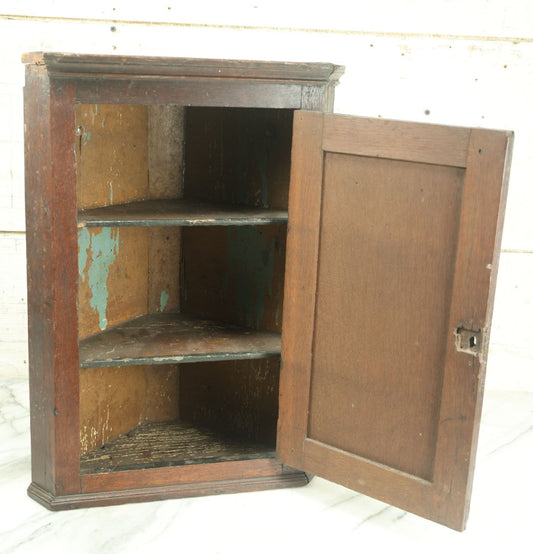 Lot 004 - Antique 19th Century Custom Mini Corner Cupboard With Two Interior Shelves, Door, Bearing Paper Label From Scotland, As Found, Approximately 13" W x 18.75" H x 7-3/4" D