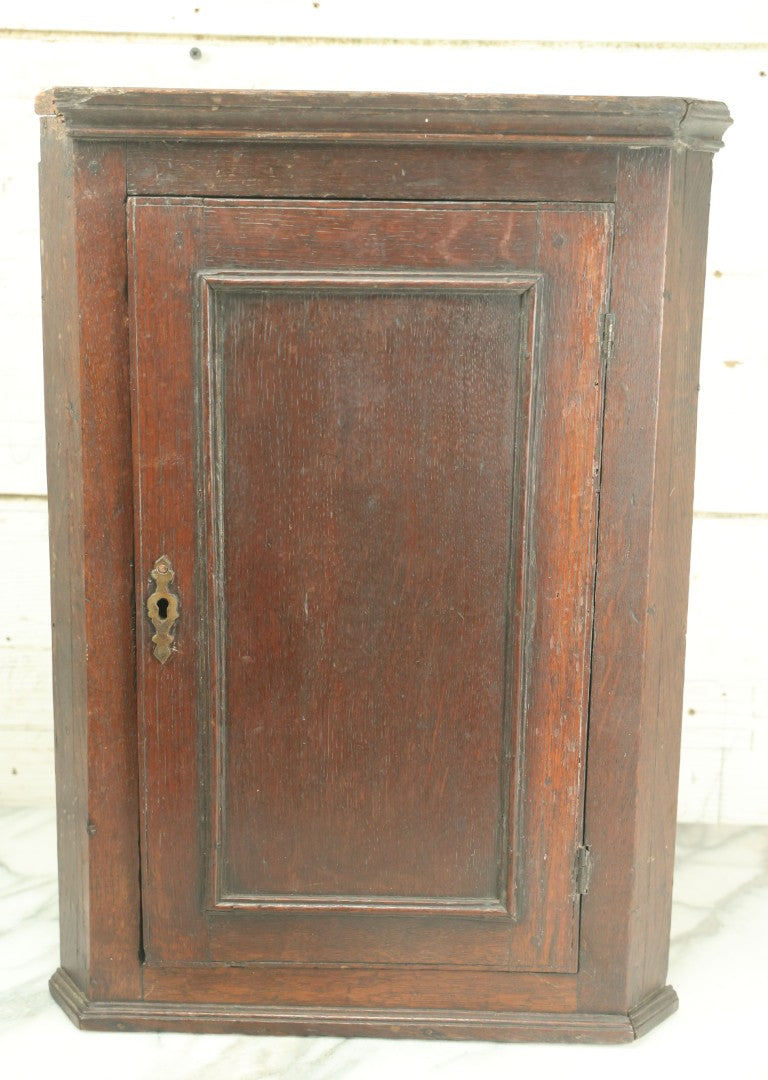 Lot 004 - Antique 19th Century Custom Mini Corner Cupboard With Two Interior Shelves, Door, Bearing Paper Label From Scotland, As Found, Approximately 13" W x 18.75" H x 7-3/4" D