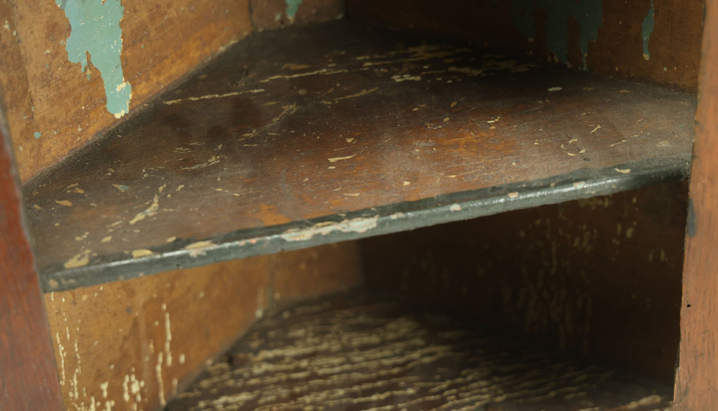 Lot 004 - Antique 19th Century Custom Mini Corner Cupboard With Two Interior Shelves, Door, Bearing Paper Label From Scotland, As Found, Approximately 13" W x 18.75" H x 7-3/4" D