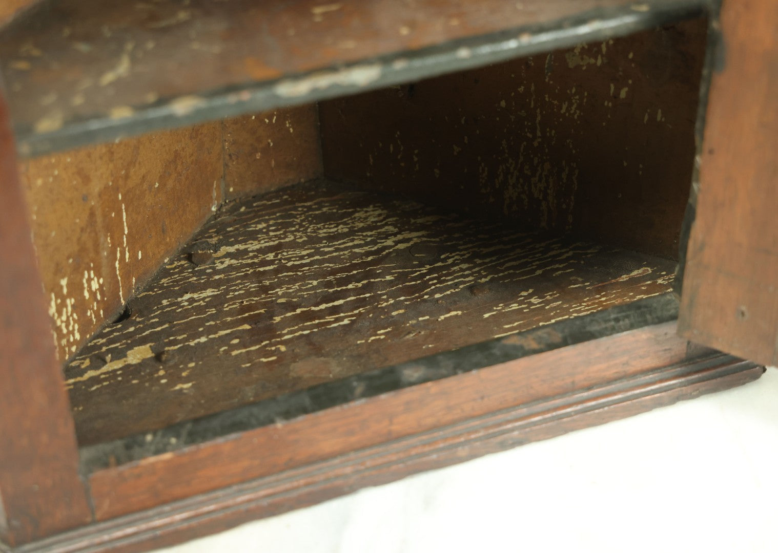 Lot 004 - Antique 19th Century Custom Mini Corner Cupboard With Two Interior Shelves, Door, Bearing Paper Label From Scotland, As Found, Approximately 13" W x 18.75" H x 7-3/4" D