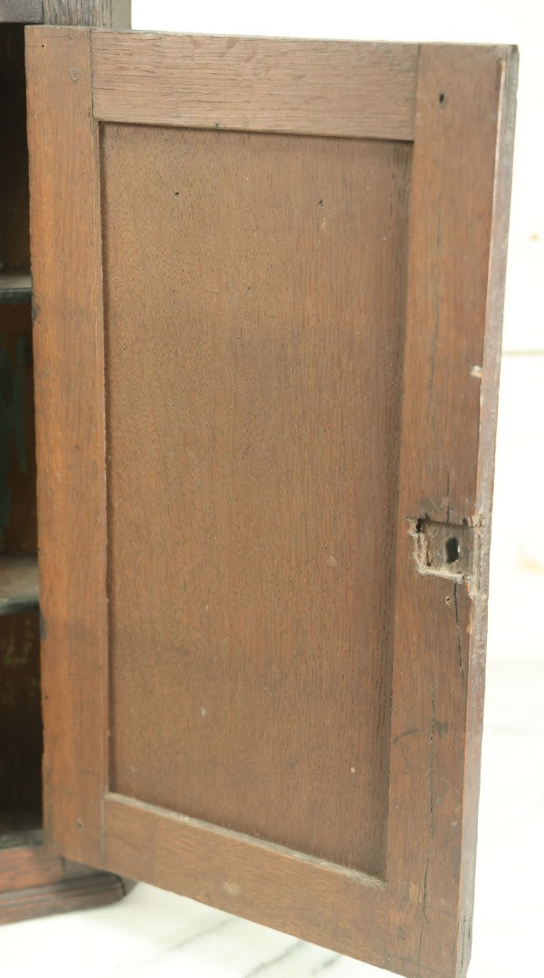 Lot 004 - Antique 19th Century Custom Mini Corner Cupboard With Two Interior Shelves, Door, Bearing Paper Label From Scotland, As Found, Approximately 13" W x 18.75" H x 7-3/4" D