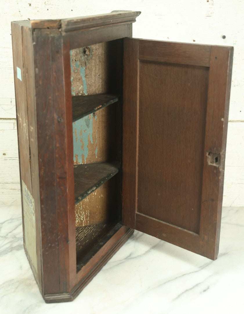 Lot 004 - Antique 19th Century Custom Mini Corner Cupboard With Two Interior Shelves, Door, Bearing Paper Label From Scotland, As Found, Approximately 13" W x 18.75" H x 7-3/4" D