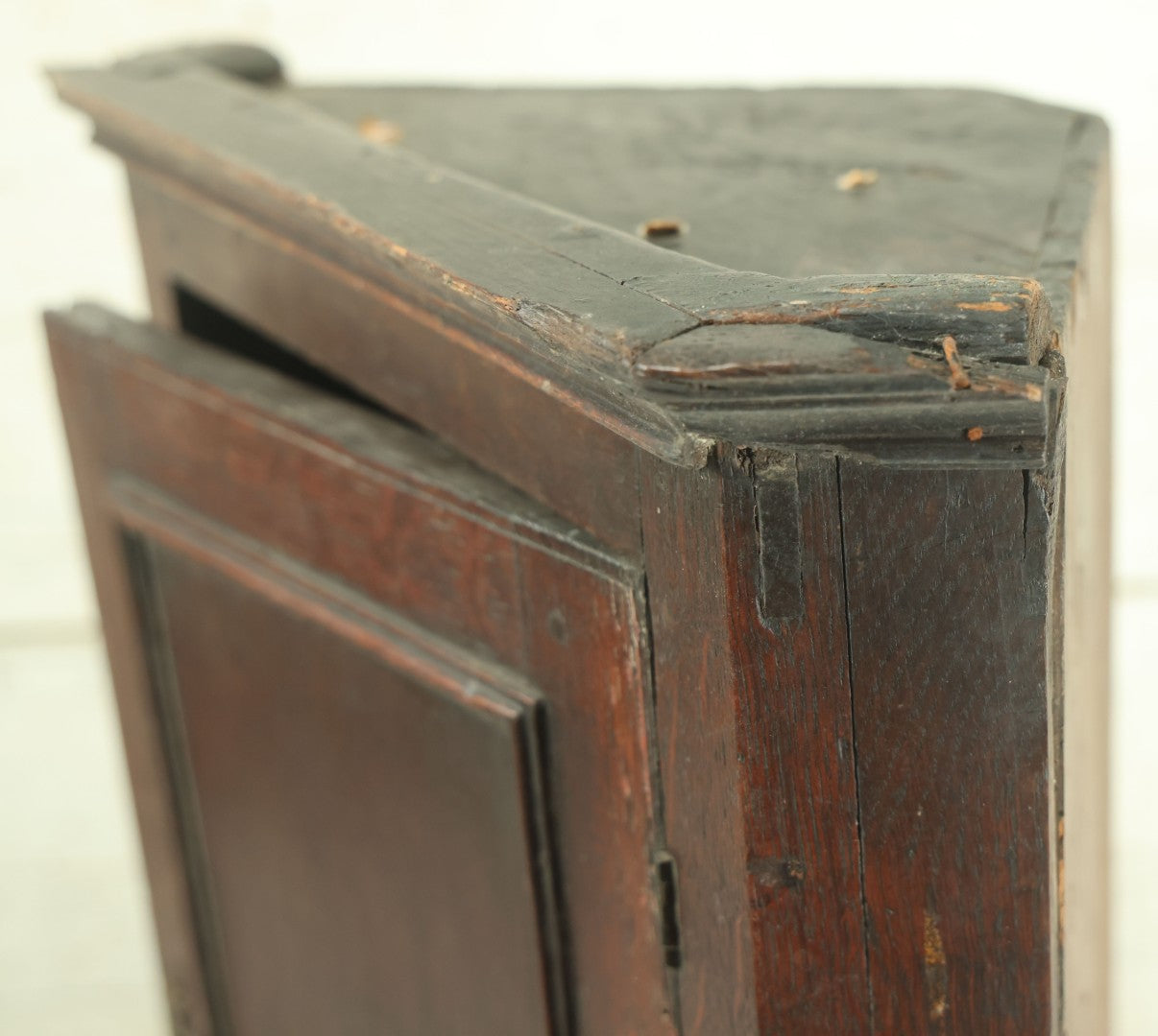 Lot 004 - Antique 19th Century Custom Mini Corner Cupboard With Two Interior Shelves, Door, Bearing Paper Label From Scotland, As Found, Approximately 13" W x 18.75" H x 7-3/4" D