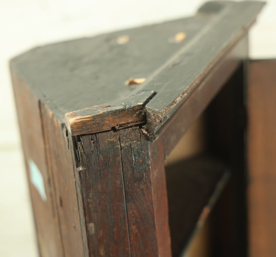 Lot 004 - Antique 19th Century Custom Mini Corner Cupboard With Two Interior Shelves, Door, Bearing Paper Label From Scotland, As Found, Approximately 13" W x 18.75" H x 7-3/4" D