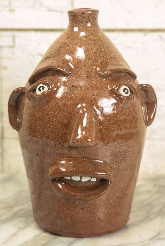 Lot 005 - Vintage Southern Pottery Grotesque Face Jug, Artist Signed James Roddy, Greer, South Carolina, October 28, 1999, Note Complete Handle Loss