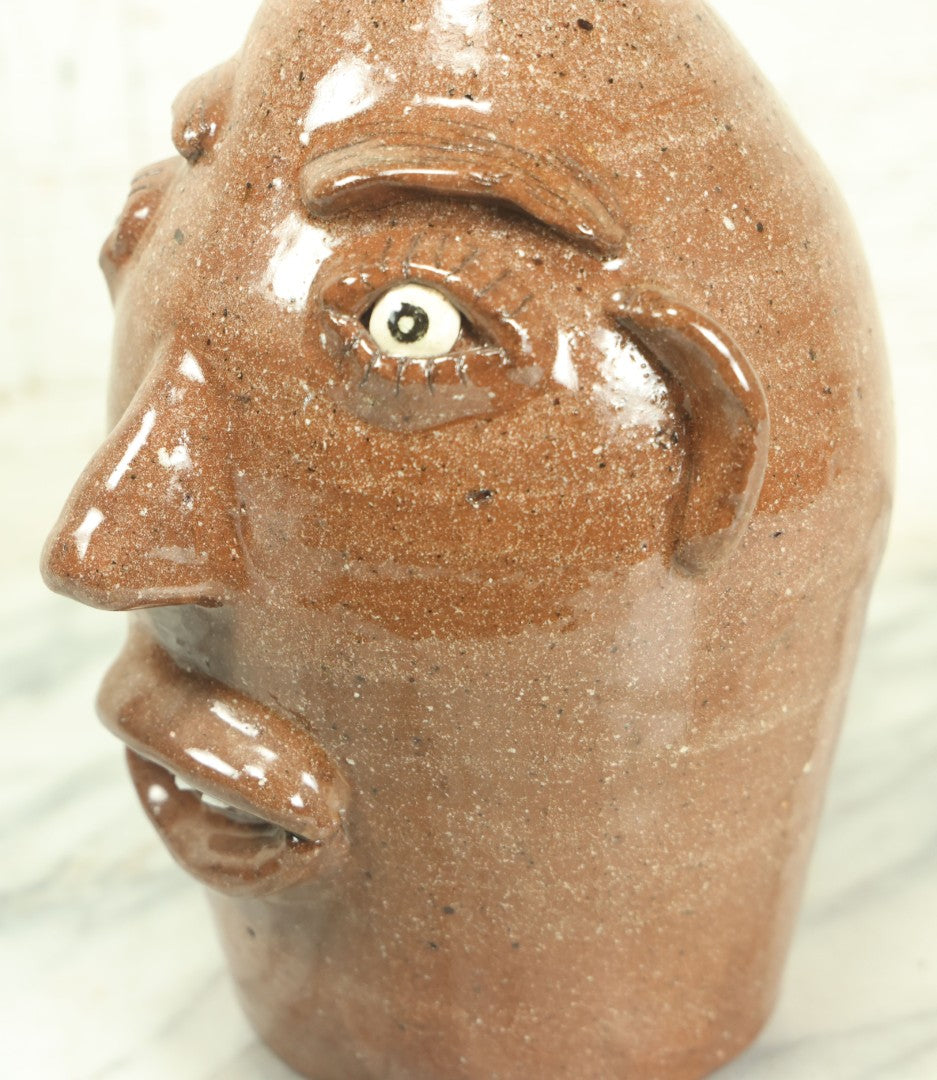 Lot 005 - Vintage Southern Pottery Grotesque Face Jug, Artist Signed James Roddy, Greer, South Carolina, October 28, 1999, Note Complete Handle Loss