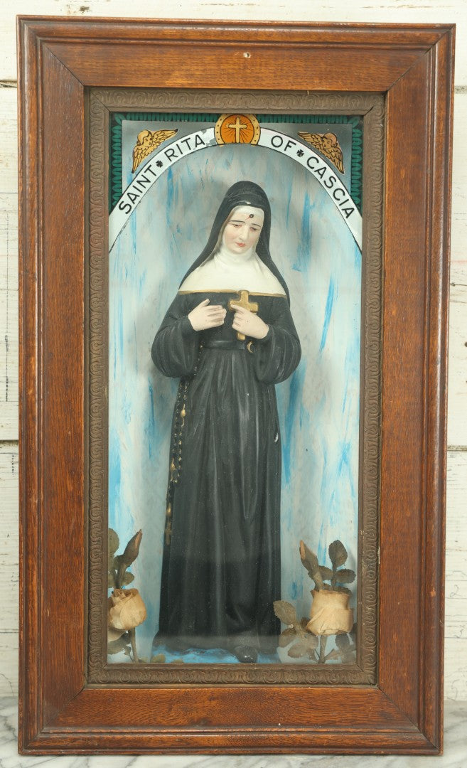 Lot 006 - Antique Saint Rita Of Cascia Catholic Prayer Wall Box With Chalkware Nun, Reverse Painted Glass Panel