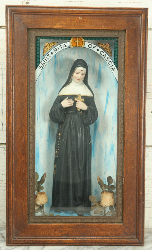 Lot 006 - Antique Saint Rita Of Cascia Catholic Prayer Wall Box With Chalkware Nun, Reverse Painted Glass Panel