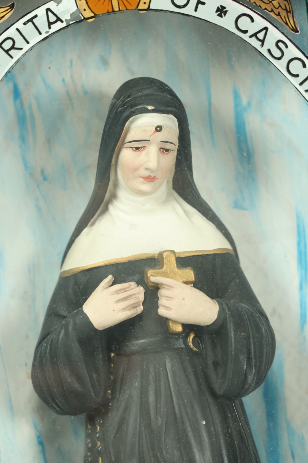 Lot 006 - Antique Saint Rita Of Cascia Catholic Prayer Wall Box With Chalkware Nun, Reverse Painted Glass Panel