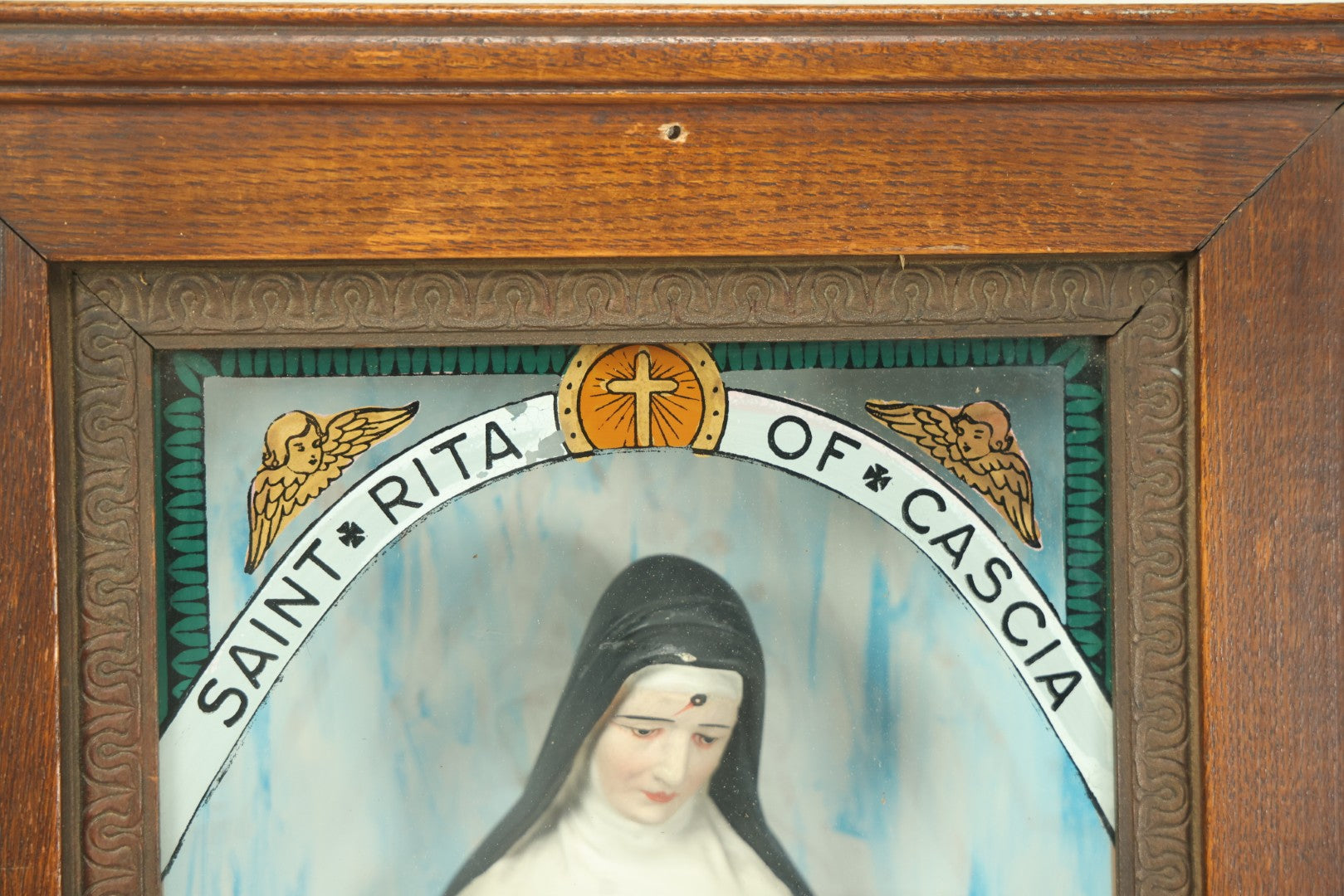 Lot 006 - Antique Saint Rita Of Cascia Catholic Prayer Wall Box With Chalkware Nun, Reverse Painted Glass Panel