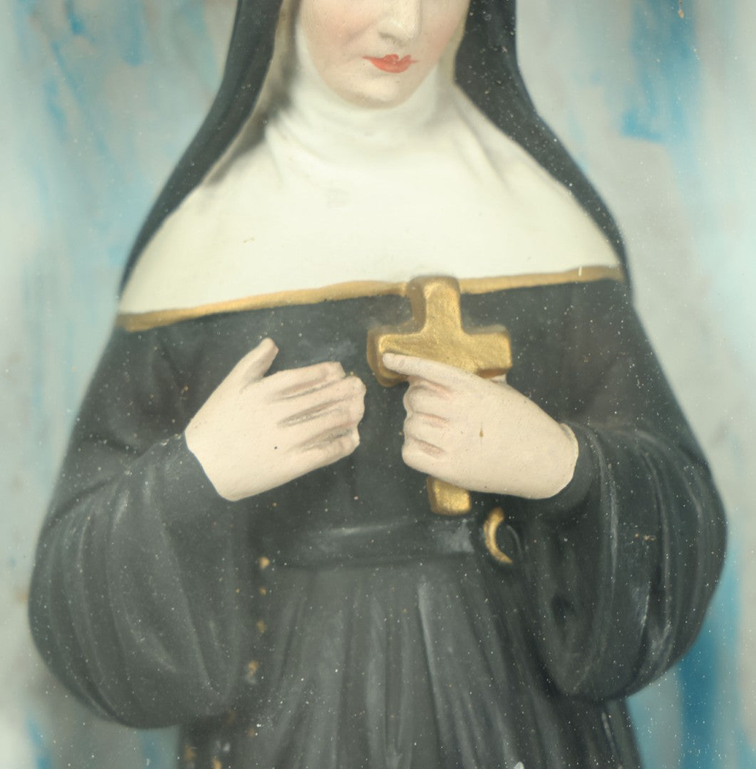 Lot 006 - Antique Saint Rita Of Cascia Catholic Prayer Wall Box With Chalkware Nun, Reverse Painted Glass Panel