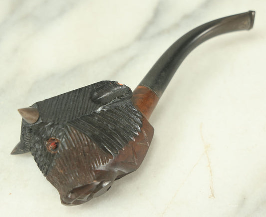 Lot 133 - Vintage Carved Wooden Bison Buffalo Head Pipe With Horns, Glass Eye, Missing One Eye, With Stem