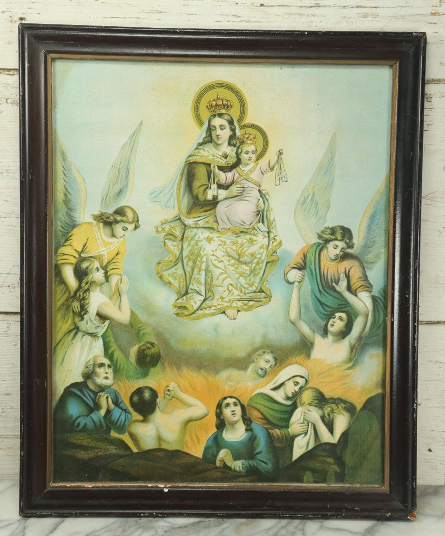 Lot 010 - Antique Lady Of Mount Carmel Catholic Religious Chromolithograph With Damned Souls Coming Out Of Hell, Purgatory, In Frame, 18-1/2" x 22-1/2"